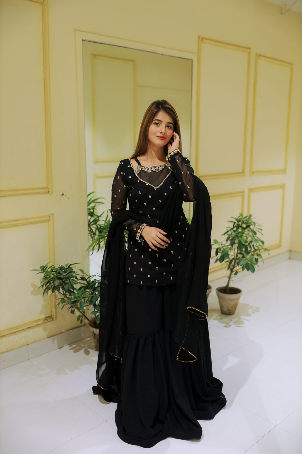 Black 3pc Kurta-Gharara Set Handwork