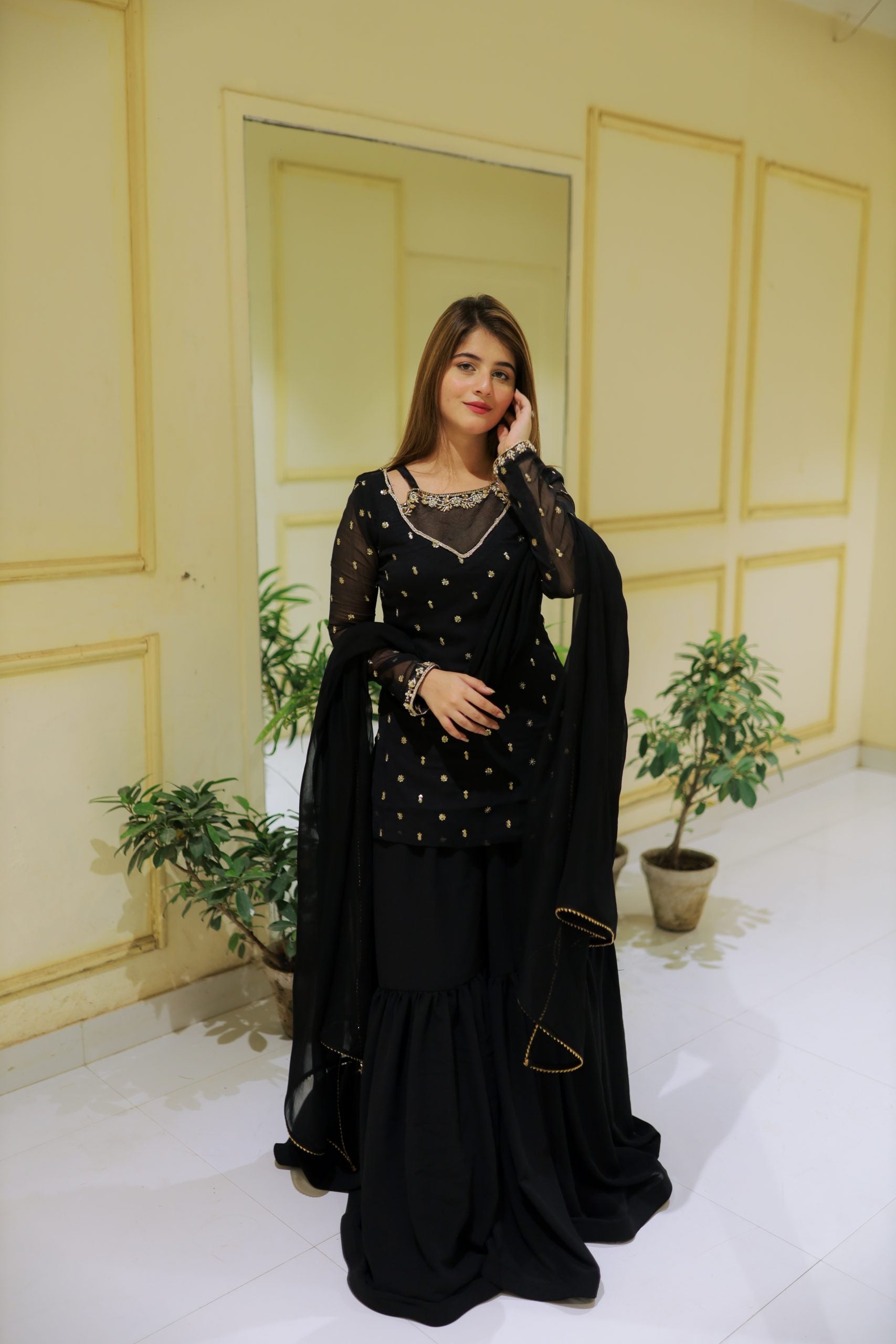 Black 3pc Kurta-Gharara Set Handwork