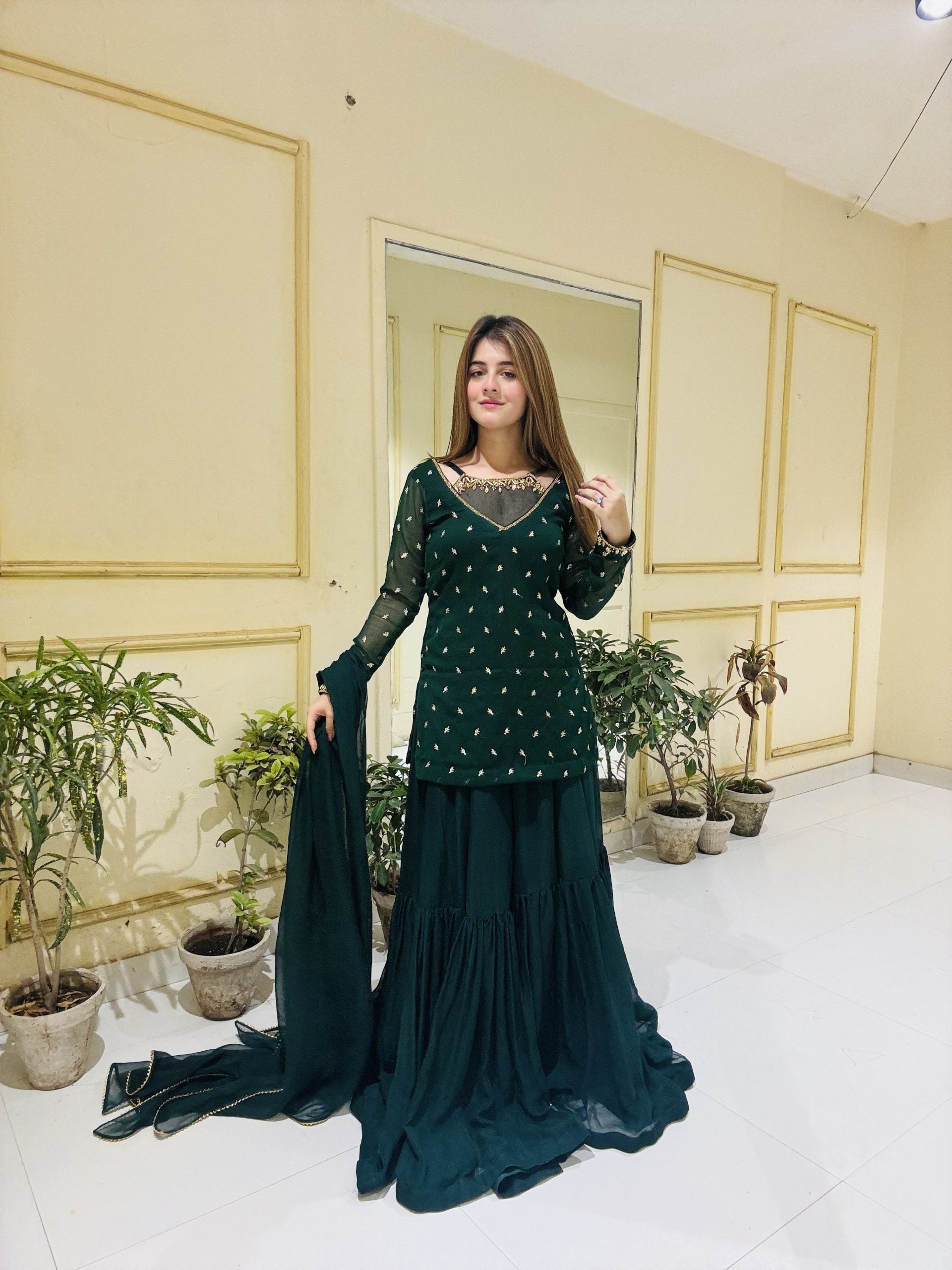 Bottle Greeen 3pc Kurta-Gharara Set Handwork