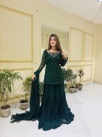 Bottle Greeen 3pc Kurta-Gharara Set Handwork