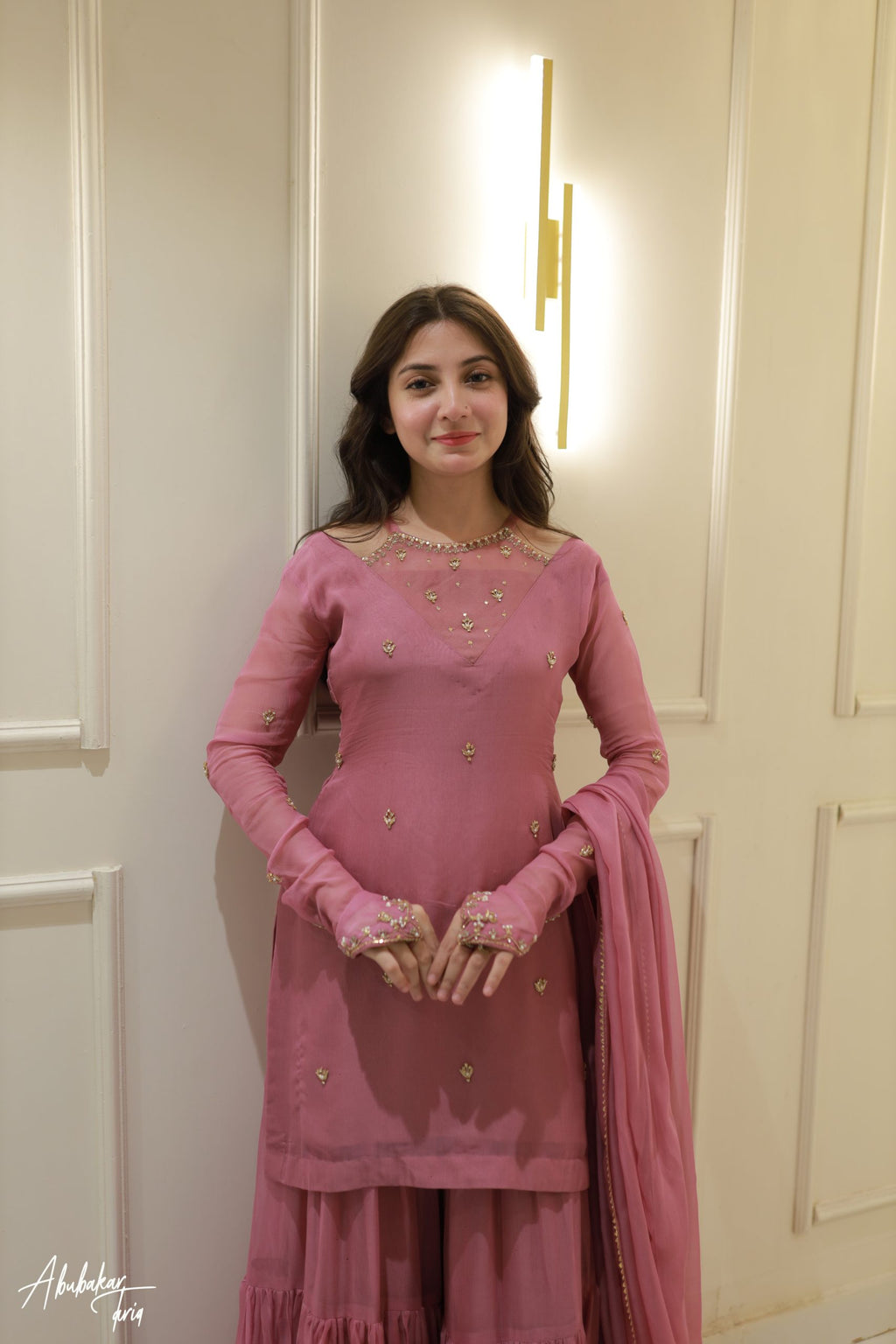 3pc Pink Kurta-Gharara Set Handwork
