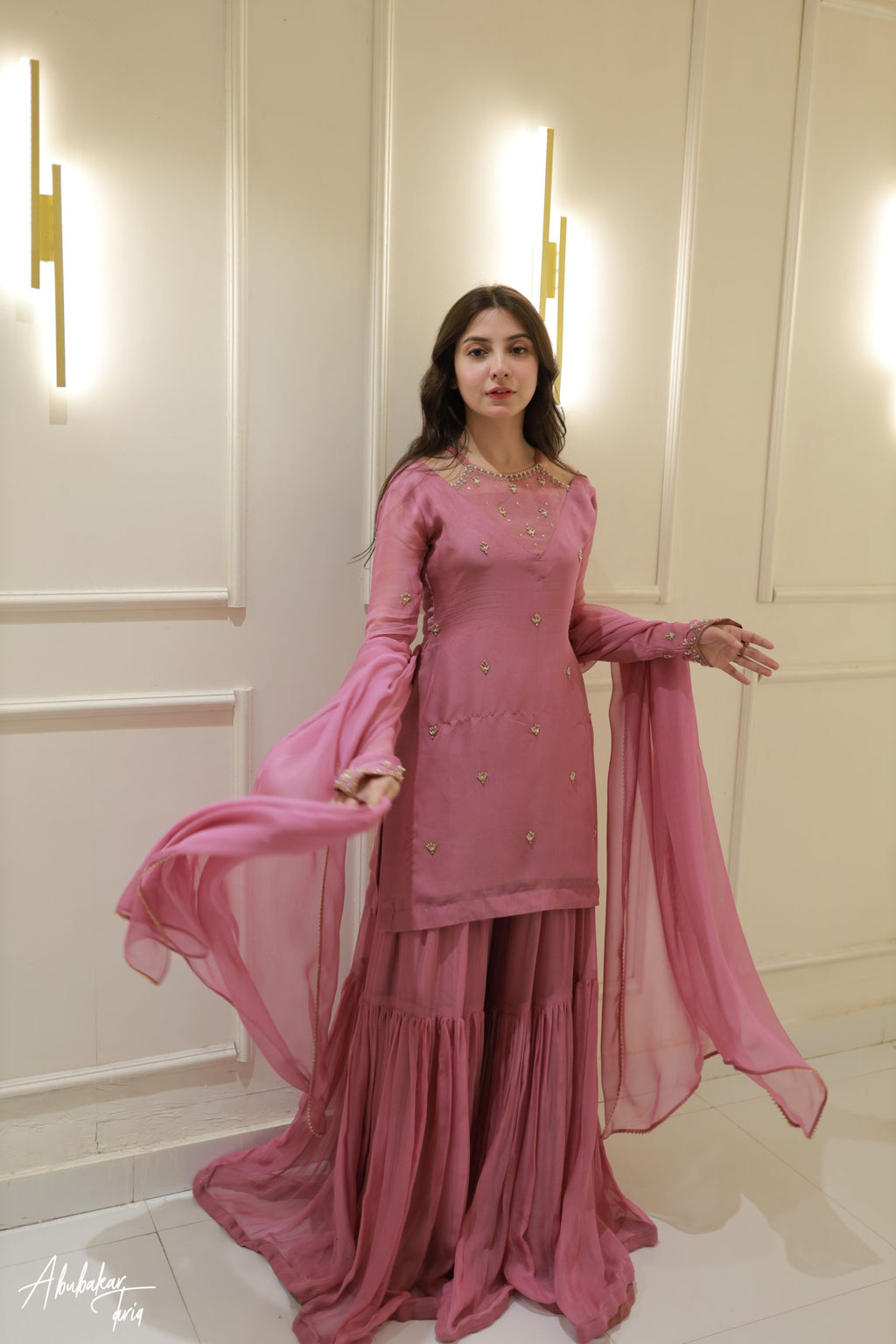 3pc Pink Kurta-Gharara Set Handwork
