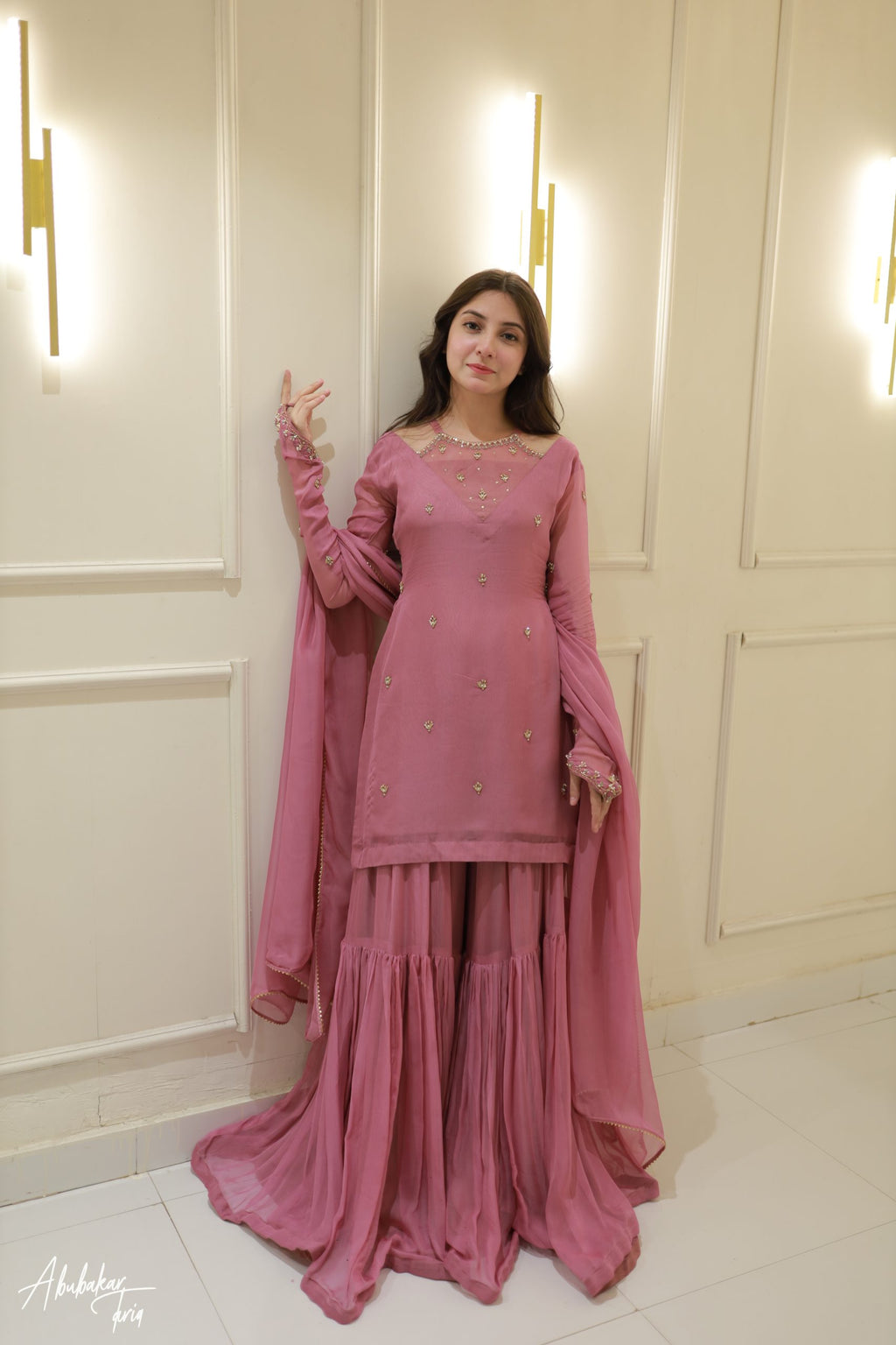 3pc Pink Kurta-Gharara Set Handwork