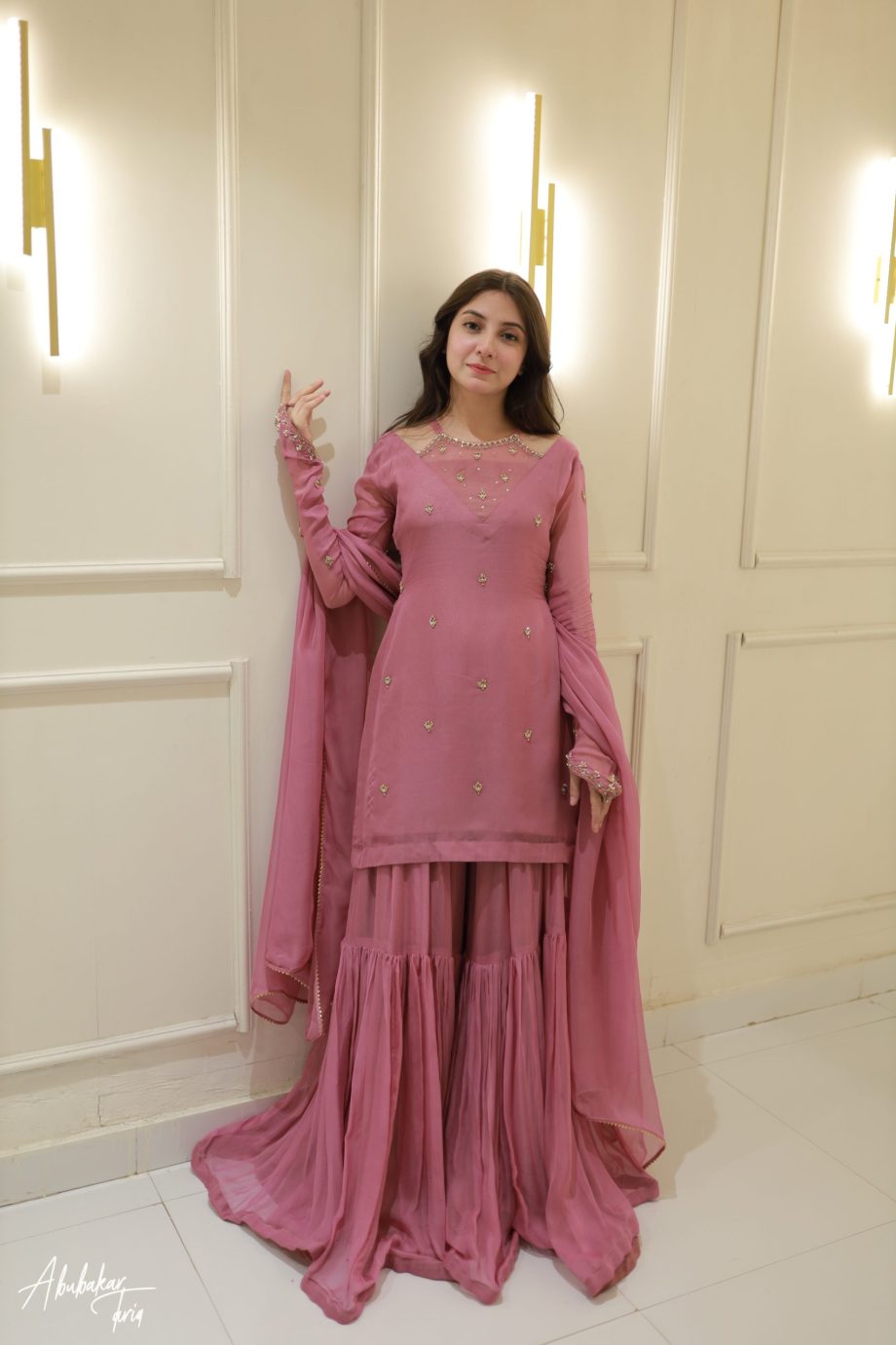3pc Pink Kurta-Gharara Set Handwork