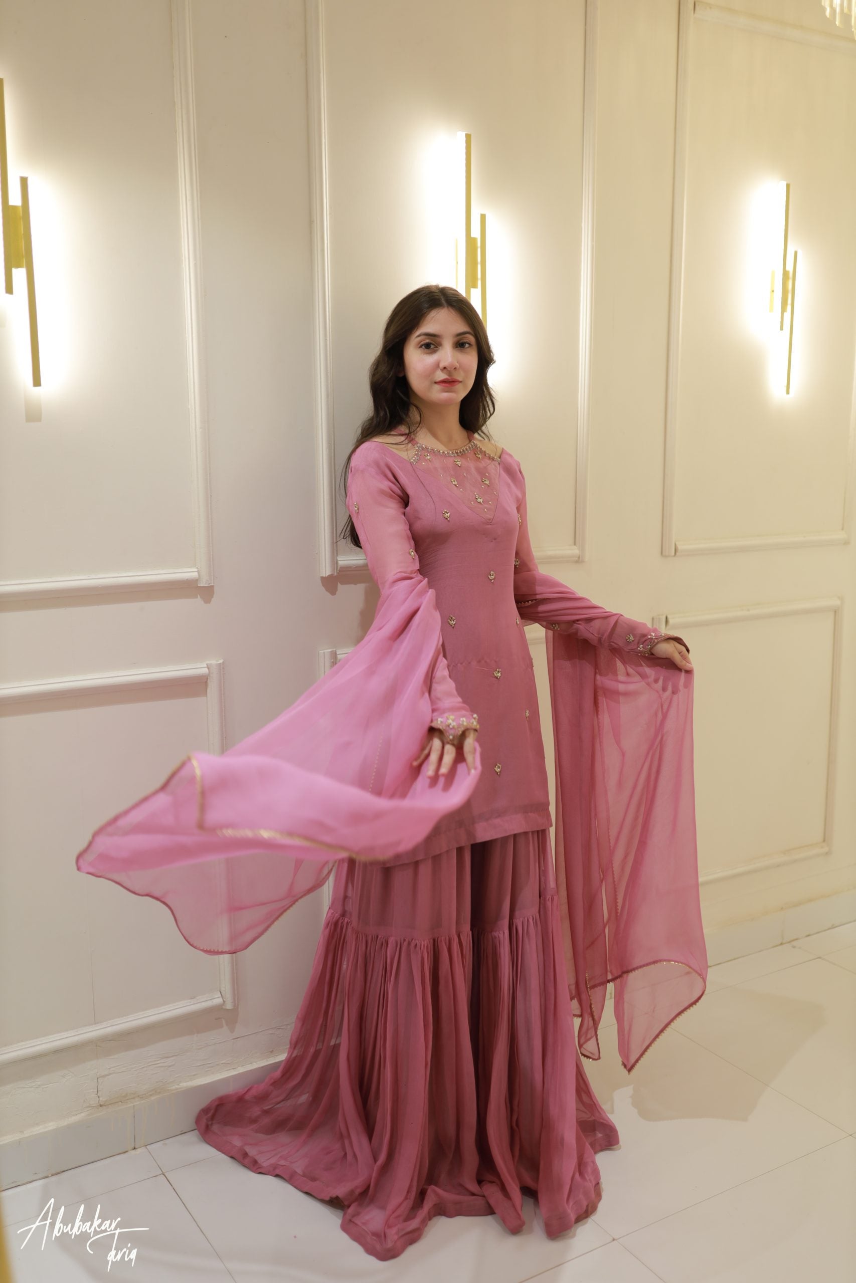 3pc Pink Kurta-Gharara Set Handwork