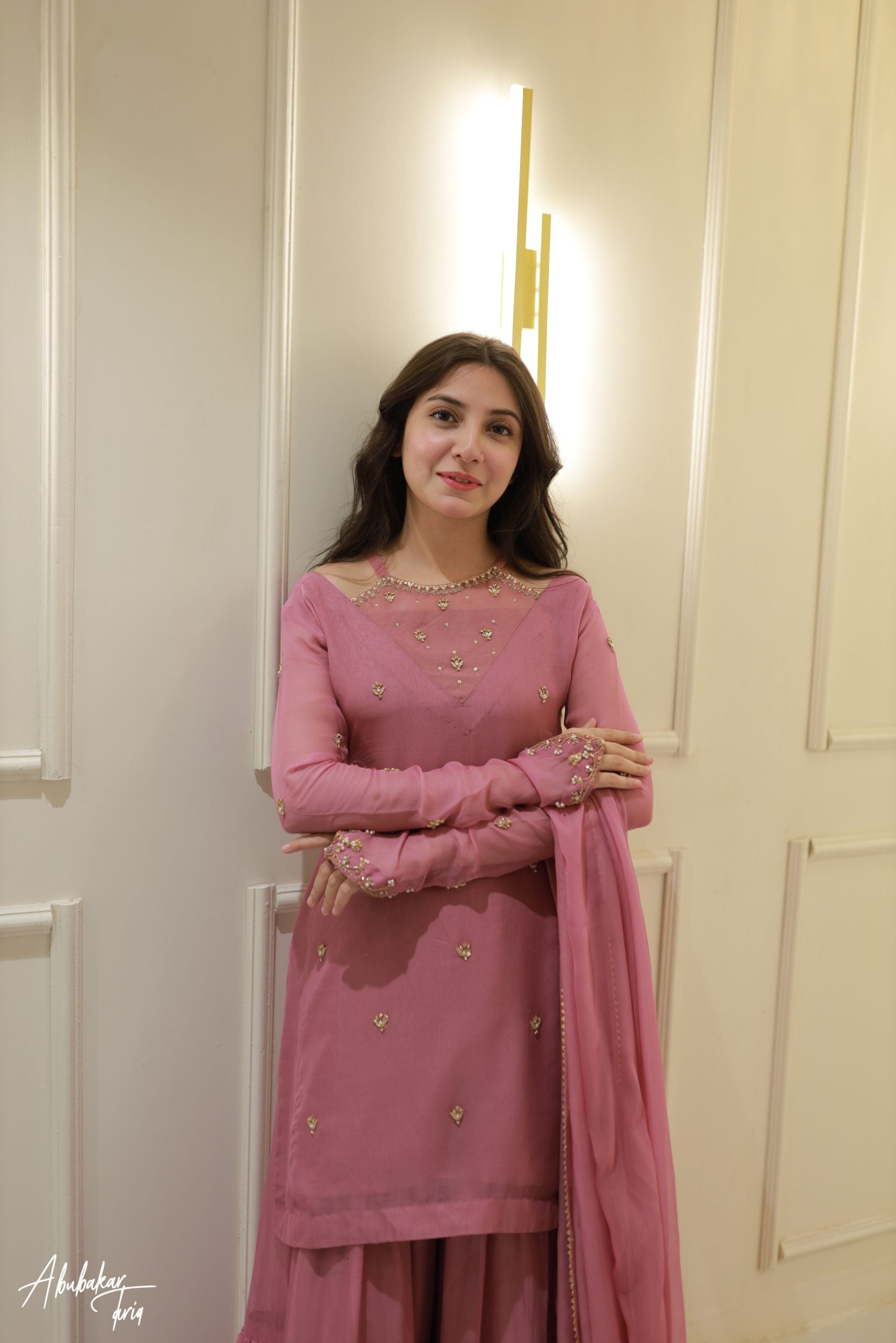 3pc Pink Kurta-Gharara Set Handwork