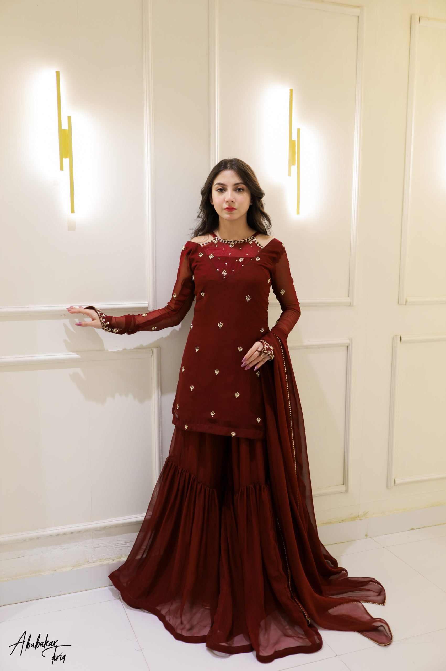 3pc Maroon Kurta-Gharara Set Handwork
