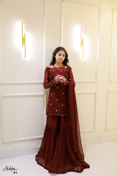 3pc Maroon Kurta-Gharara Set Handwork