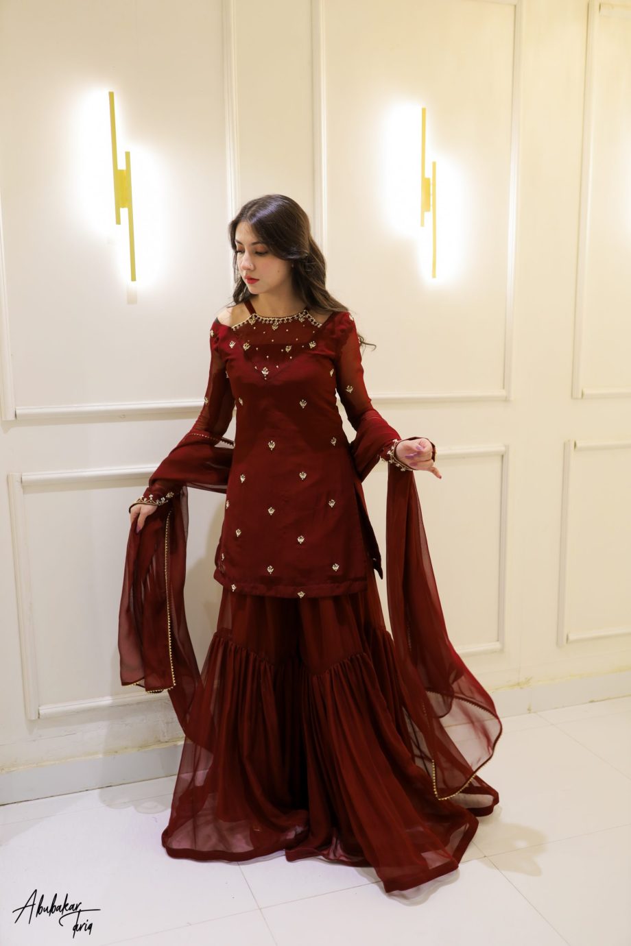 3pc Maroon Kurta-Gharara Set Handwork