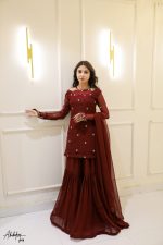 3pc Maroon Kurta-Gharara Set Handwork