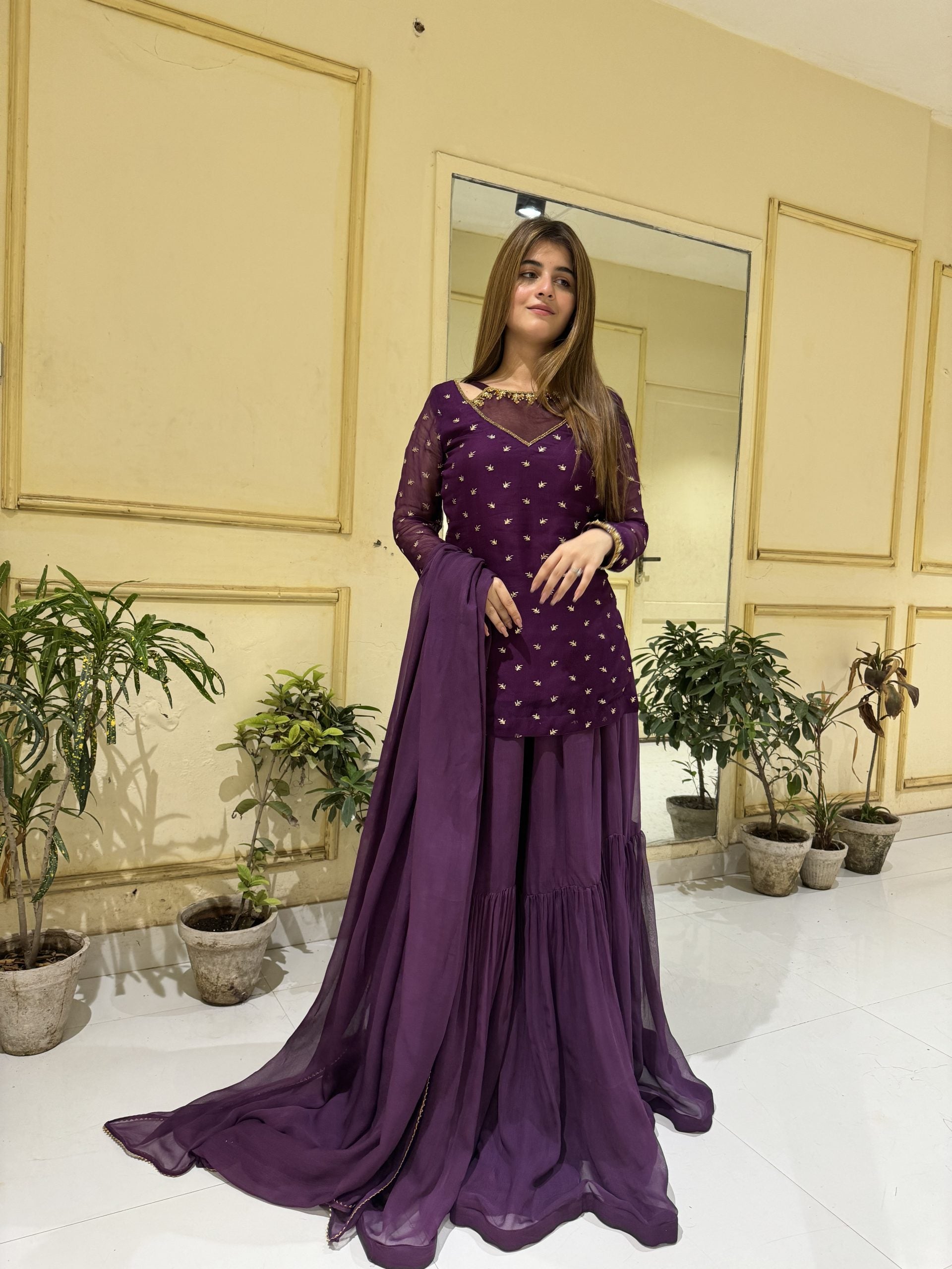 Purple 3pc Kurta-Gharara Set Handwork