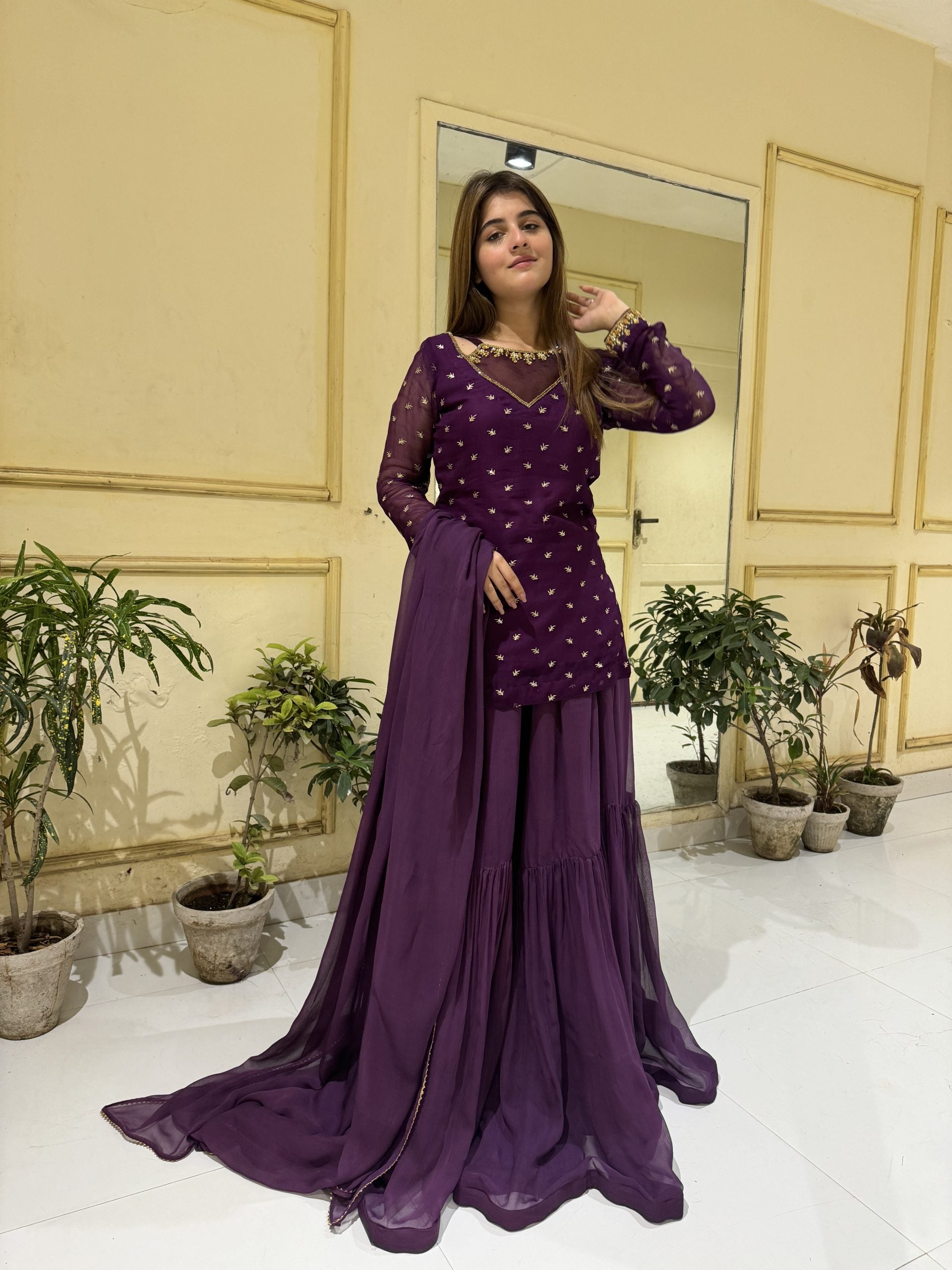 Purple 3pc Kurta-Gharara Set Handwork