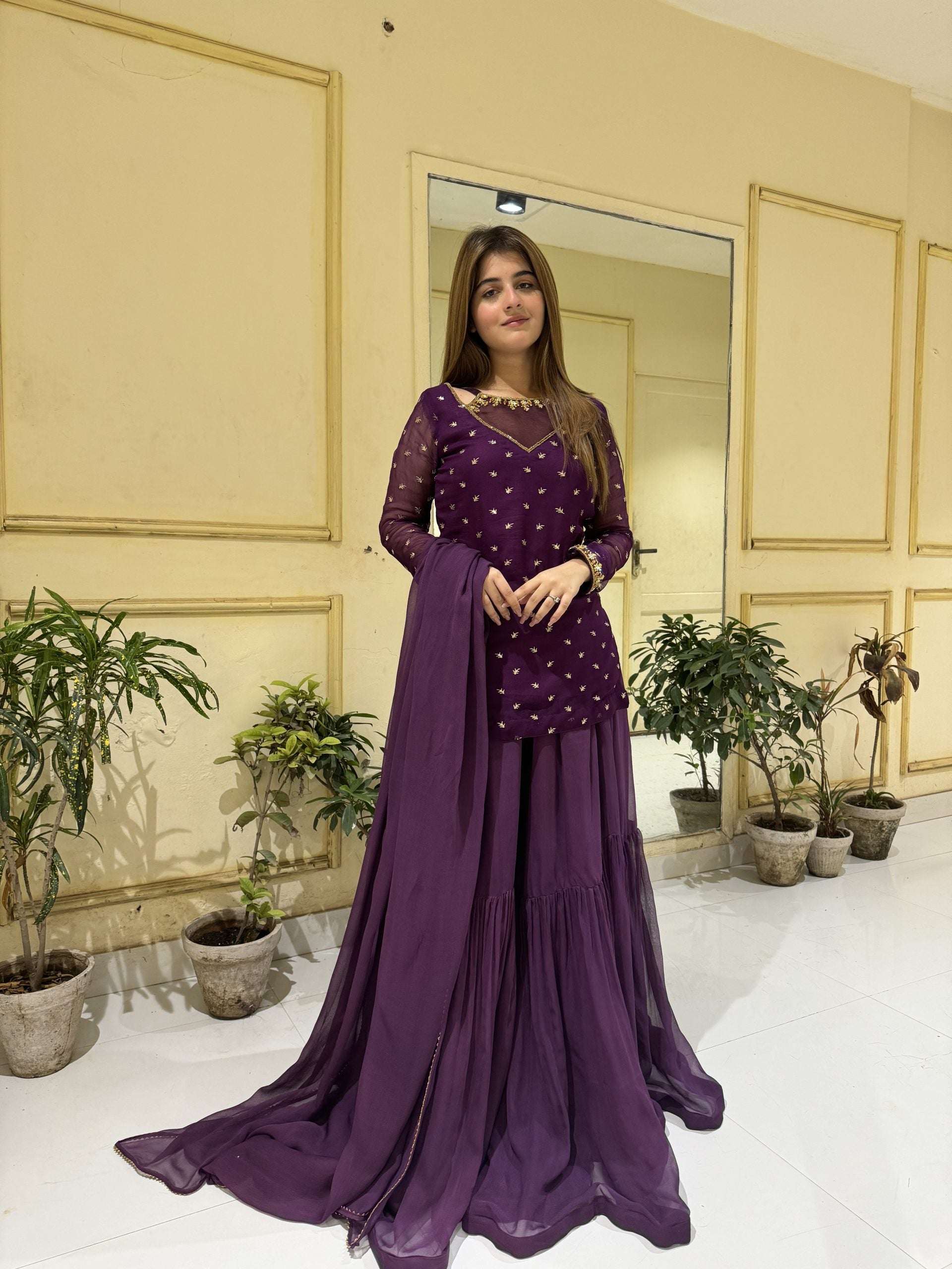 Purple 3pc Kurta-Gharara Set Handwork