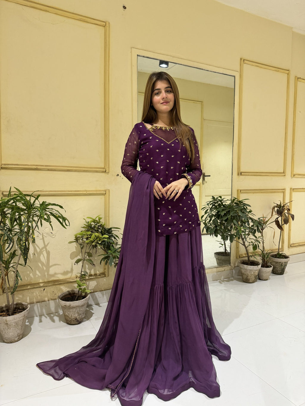 Purple 3pc Kurta-Gharara Set Handwork