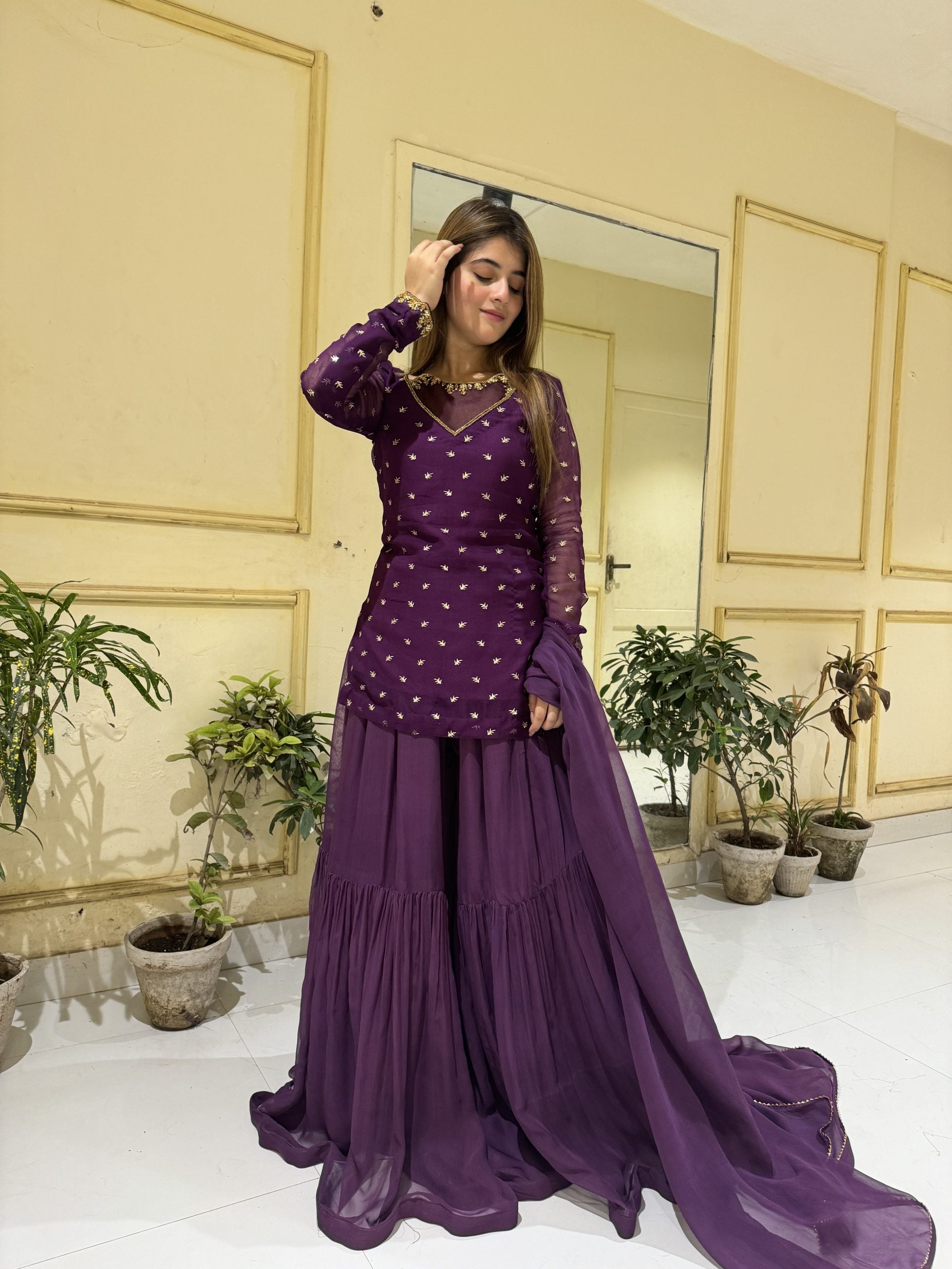 Purple 3pc Kurta-Gharara Set Handwork
