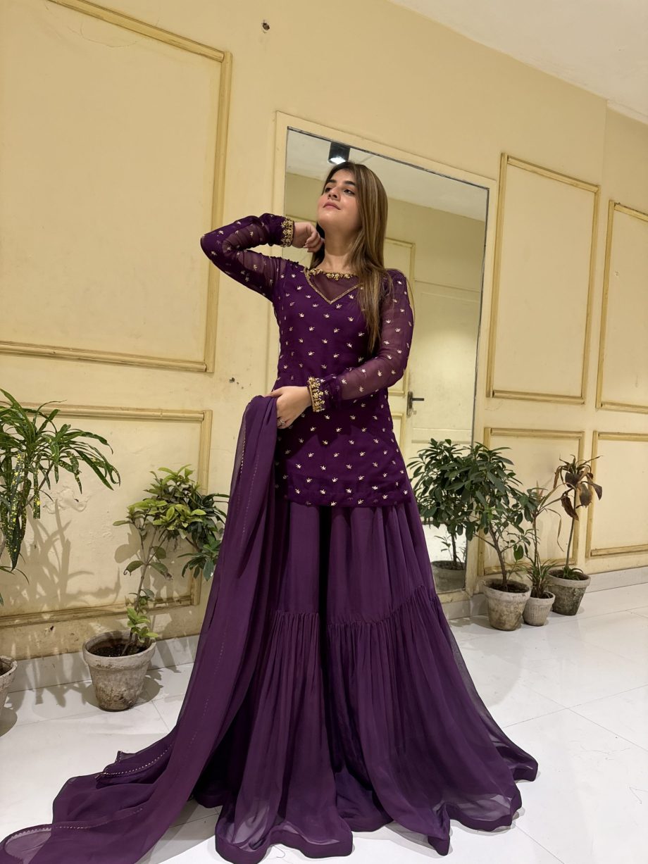 Purple 3pc Kurta-Gharara Set Handwork
