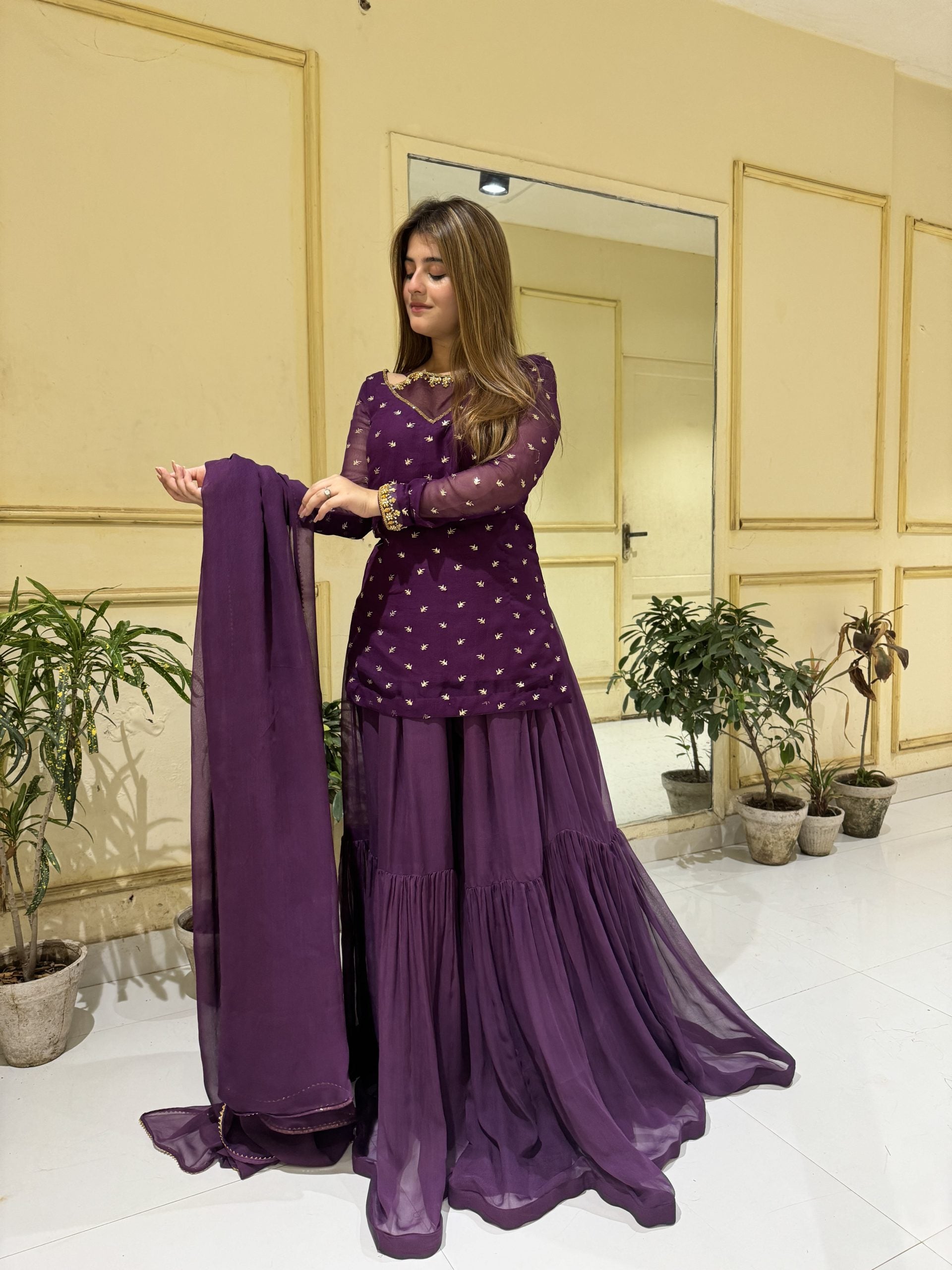 Purple 3pc Kurta-Gharara Set Handwork