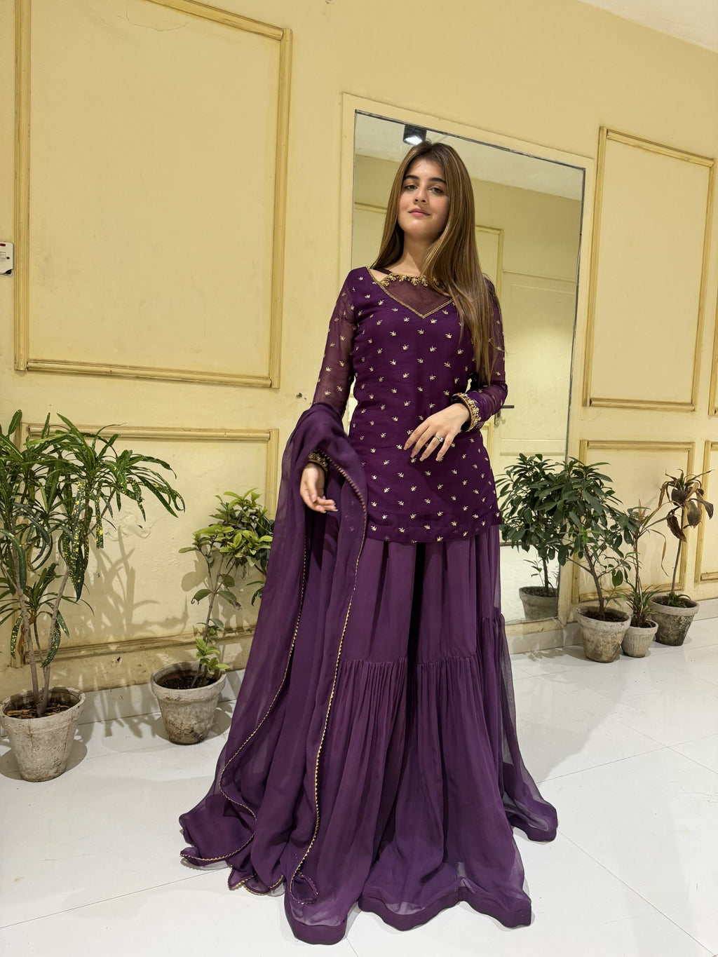 Purple 3pc Kurta-Gharara Set Handwork