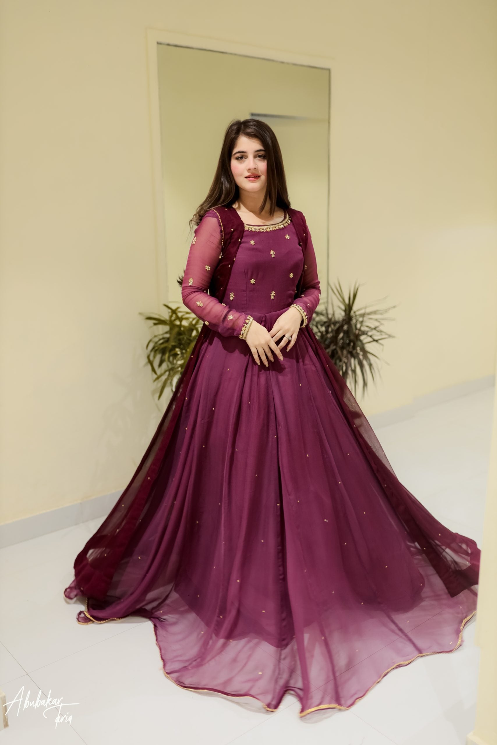 Hand Embellished Purple Maxi With Coat