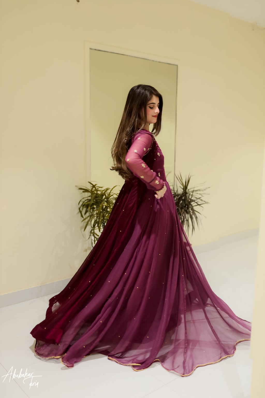 Hand Embellished Purple Maxi With Coat