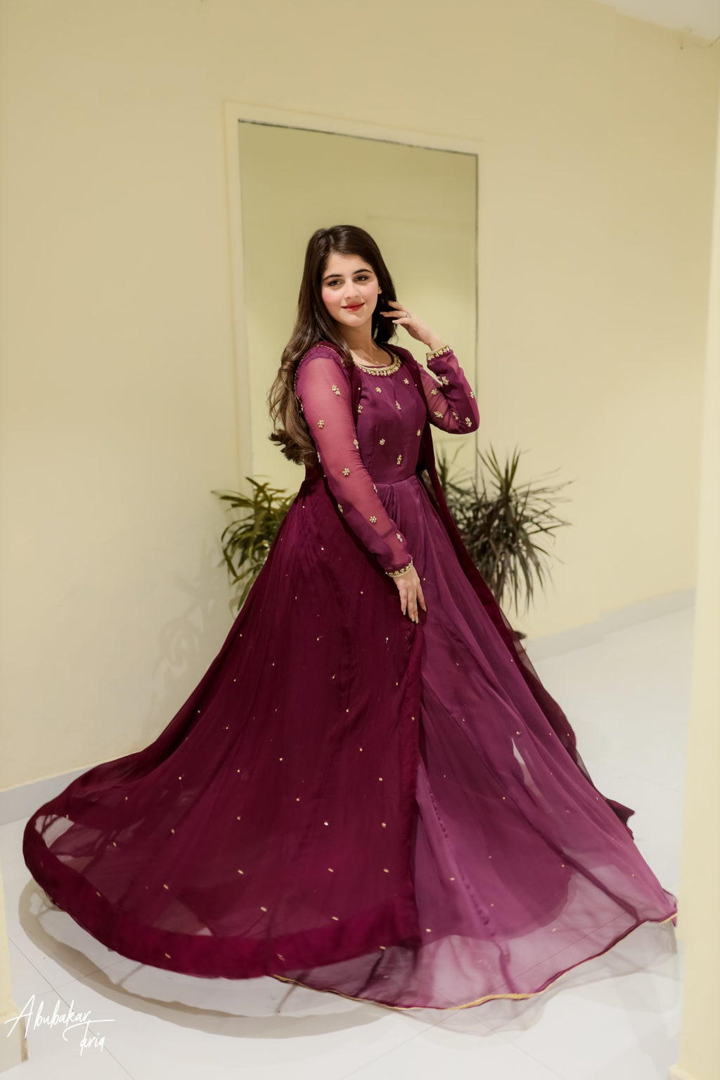 Hand Embellished Purple Maxi With Coat