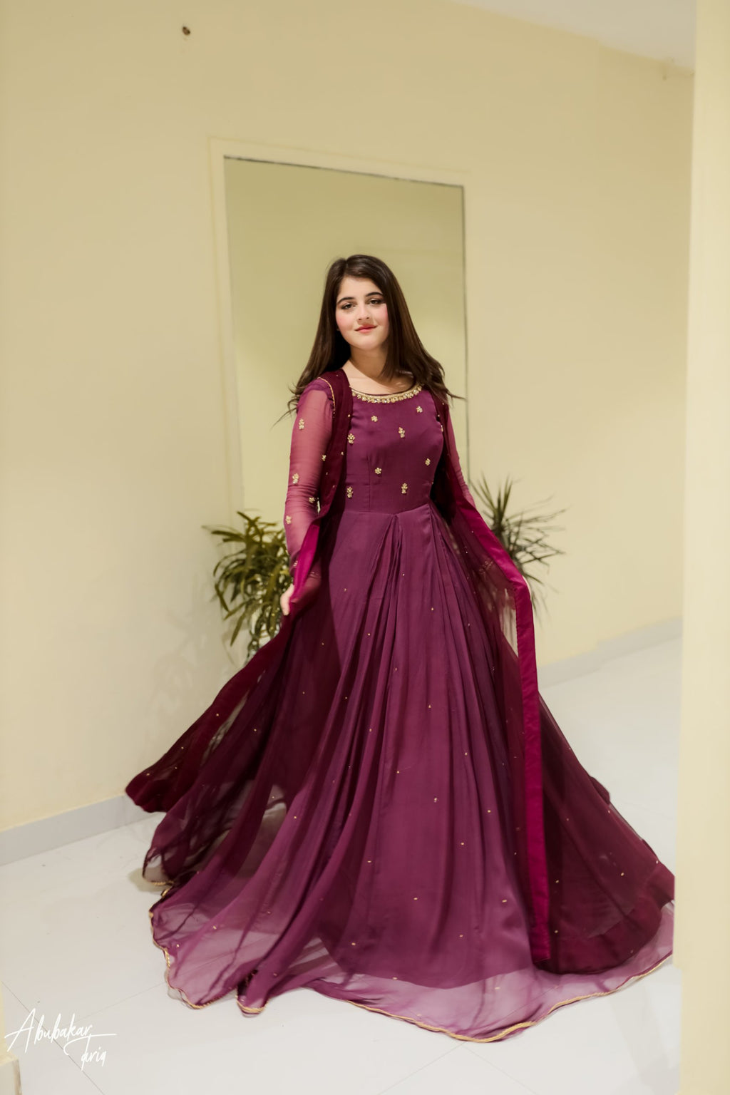 Hand Embellished Purple Maxi With Coat