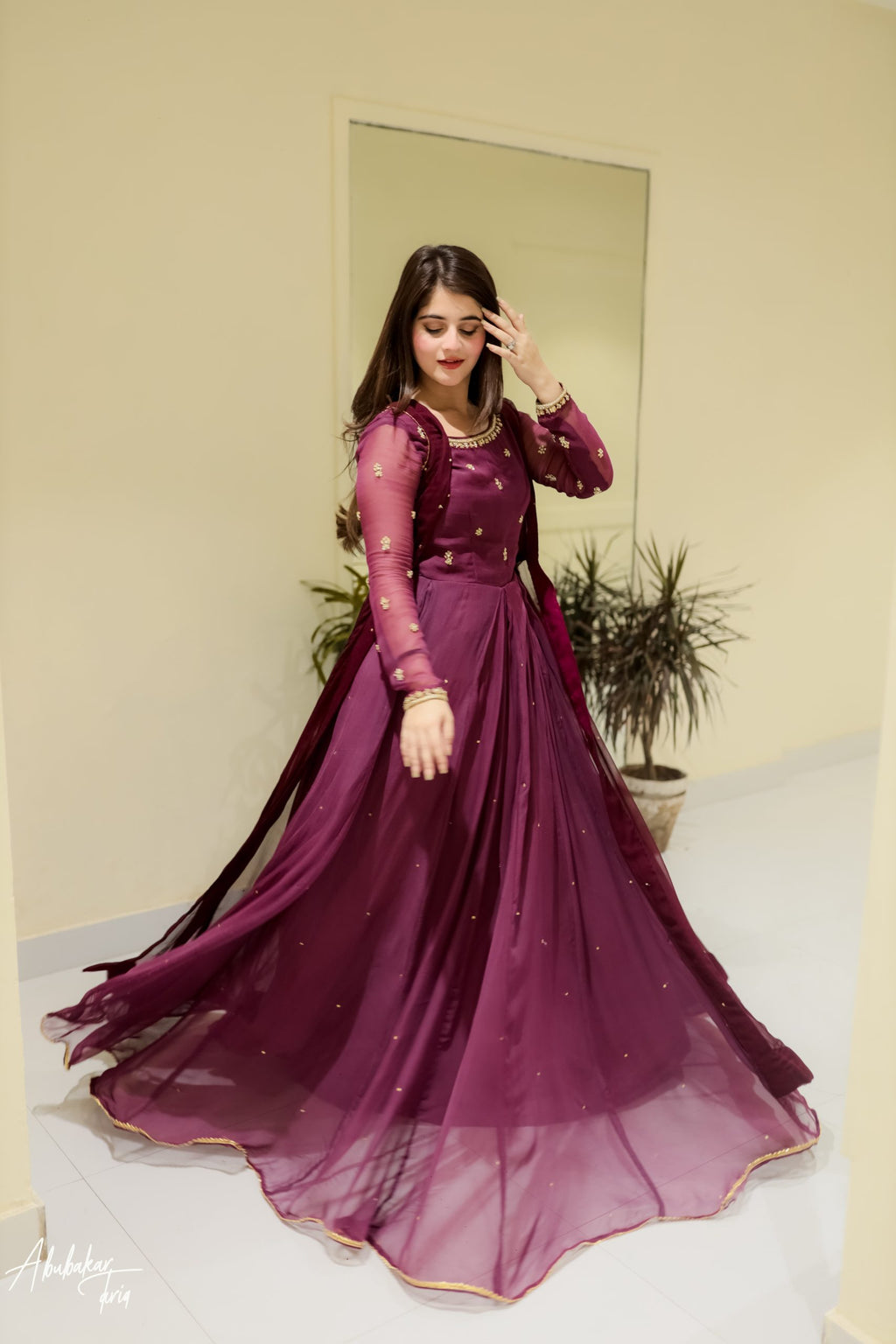 Hand Embellished Purple Maxi With Coat