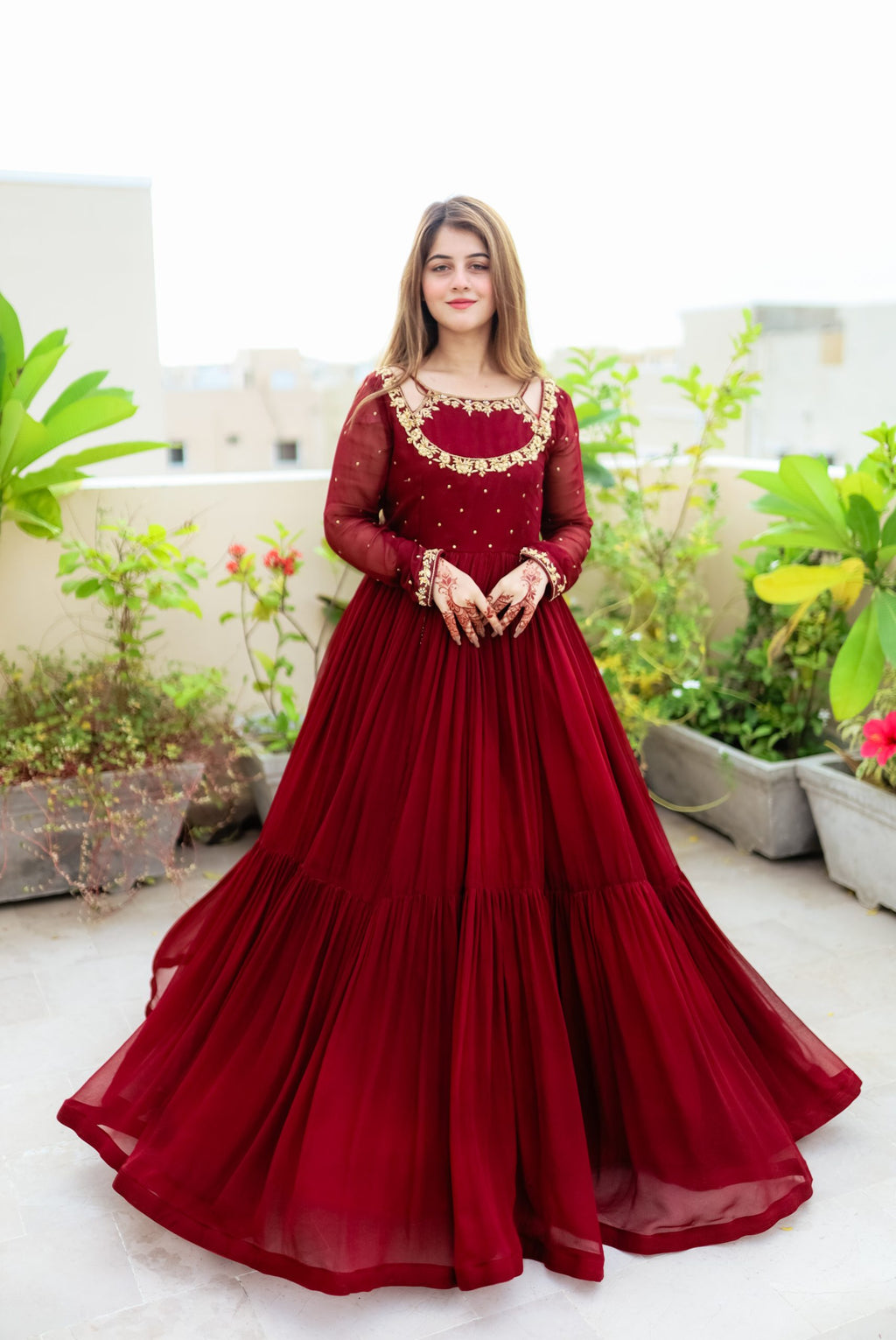 3pc Handwork Heavy Flare Maxi Maroon-Color