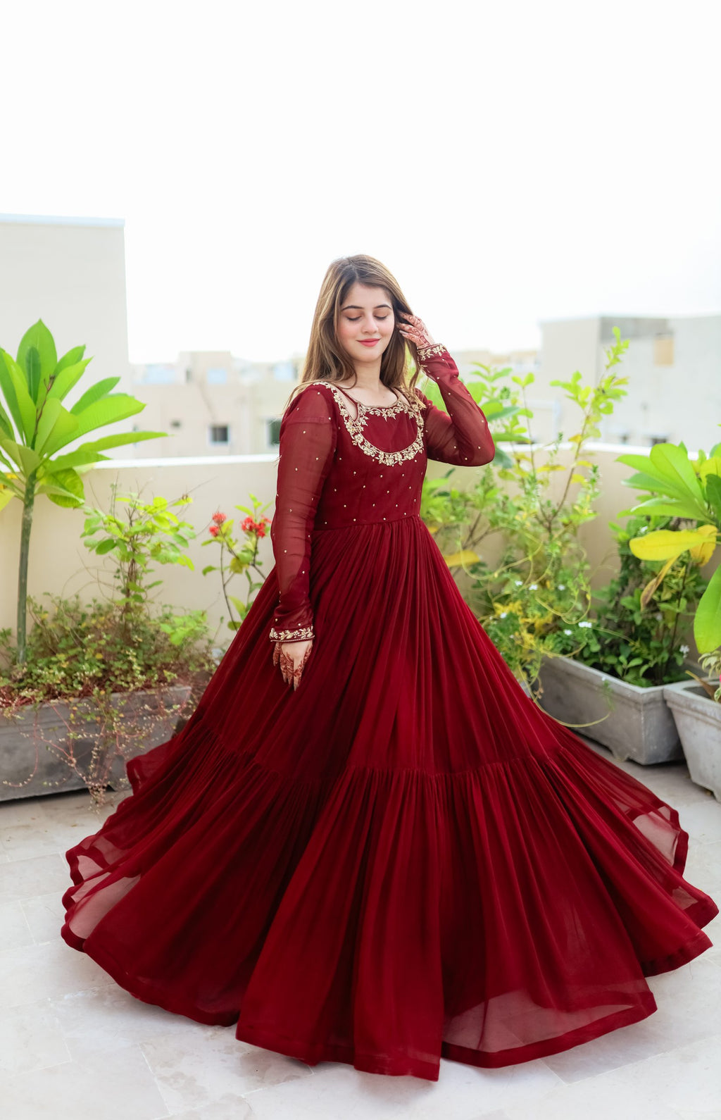 3pc Handwork Heavy Flare Maxi Maroon-Color