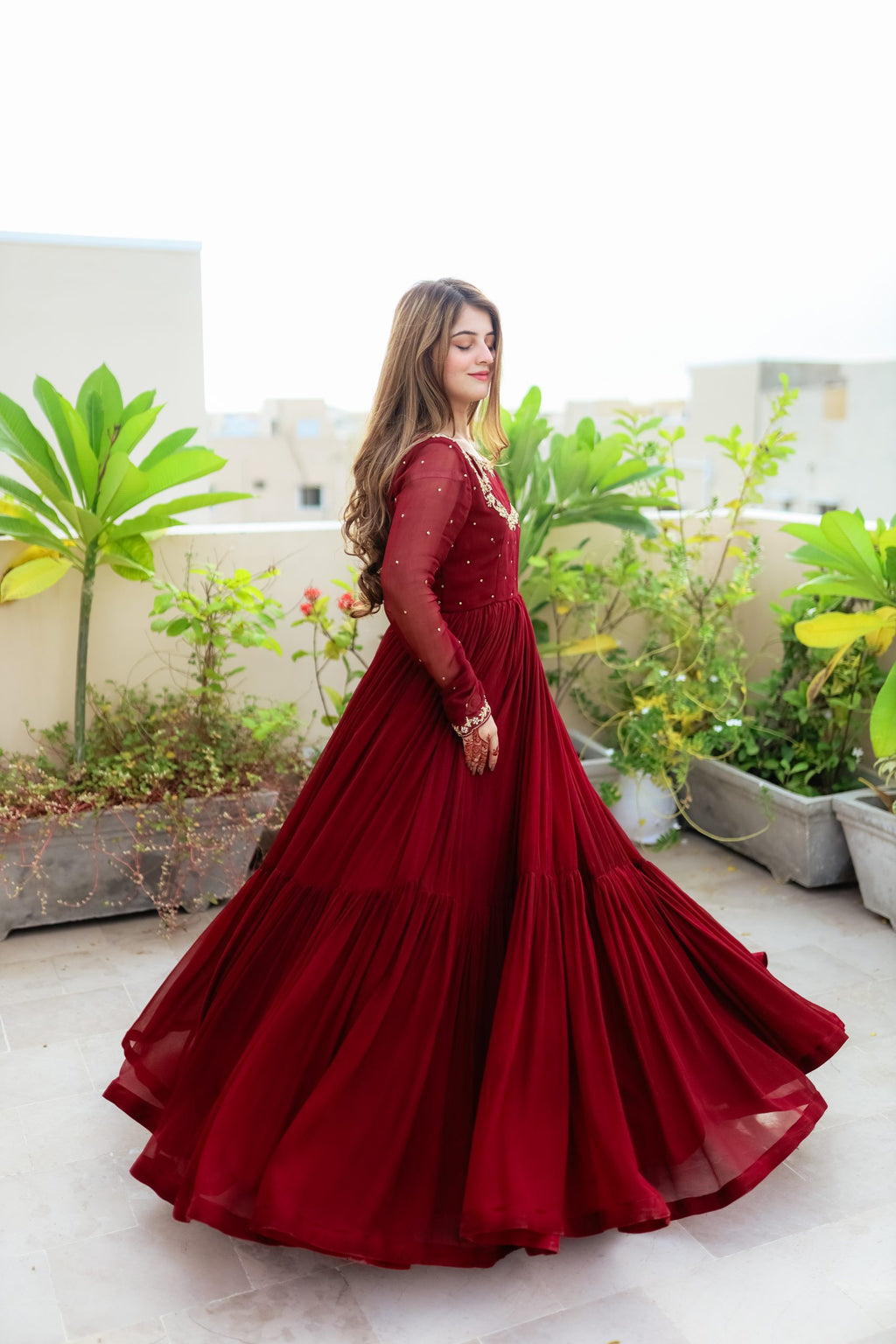 3pc Handwork Heavy Flare Maxi Maroon-Color