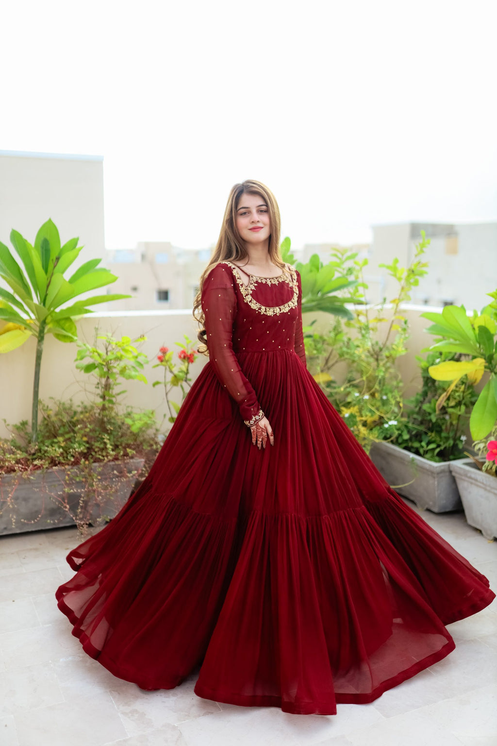 3pc Handwork Heavy Flare Maxi Maroon-Color