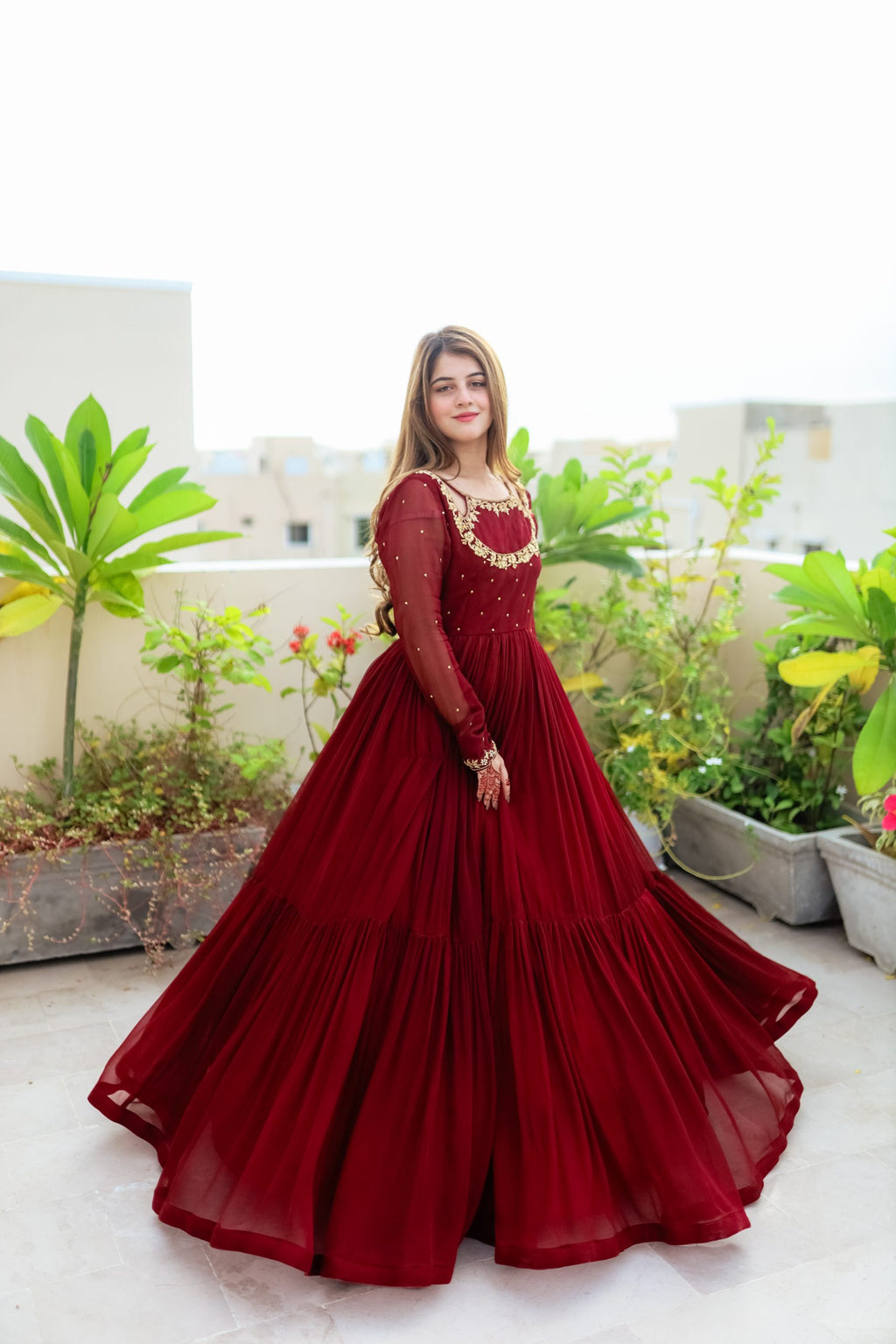 3pc Handwork Heavy Flare Maxi Maroon-Color