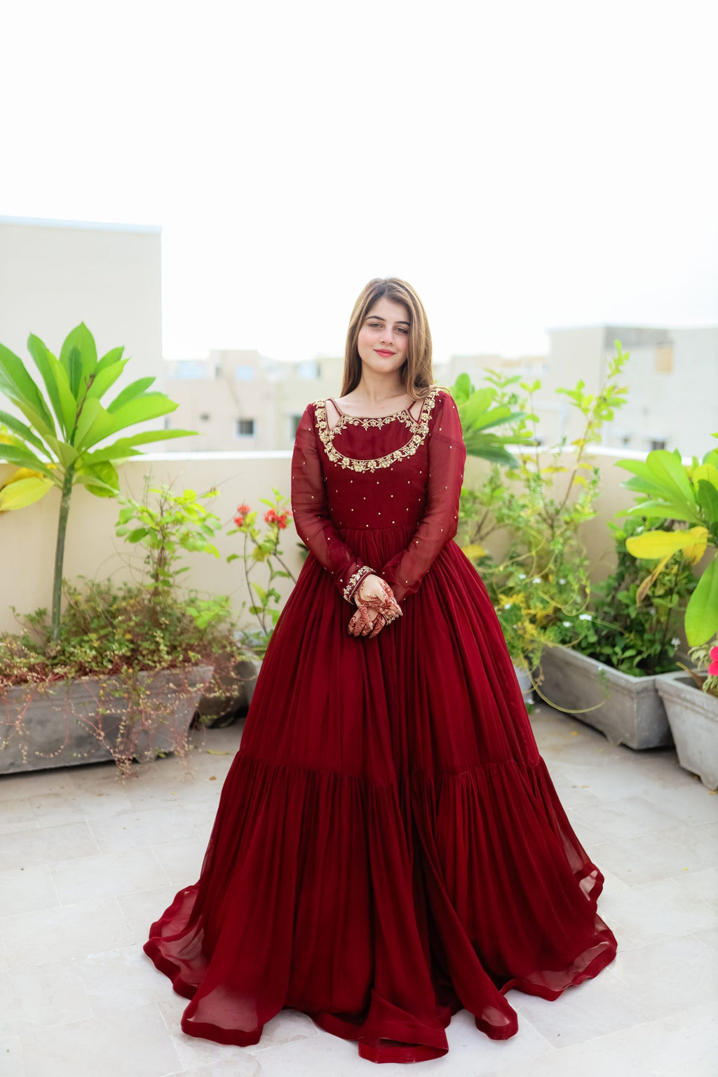 3pc Handwork Heavy Flare Maxi Maroon-Color