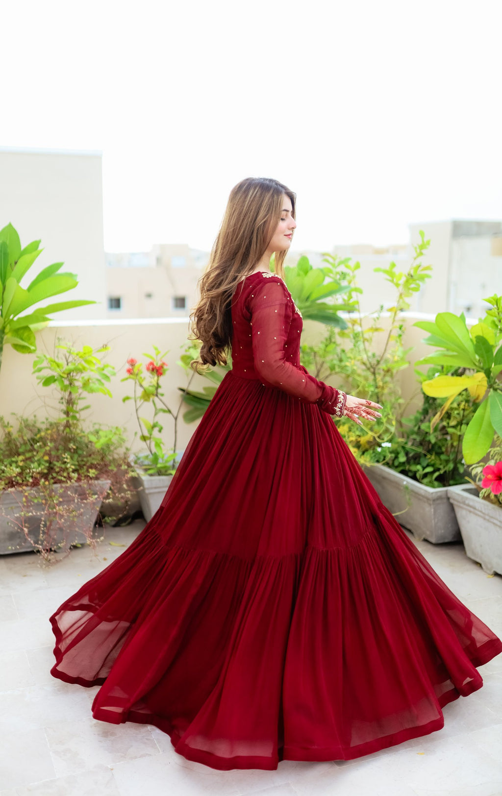 3pc Handwork Heavy Flare Maxi Maroon-Color