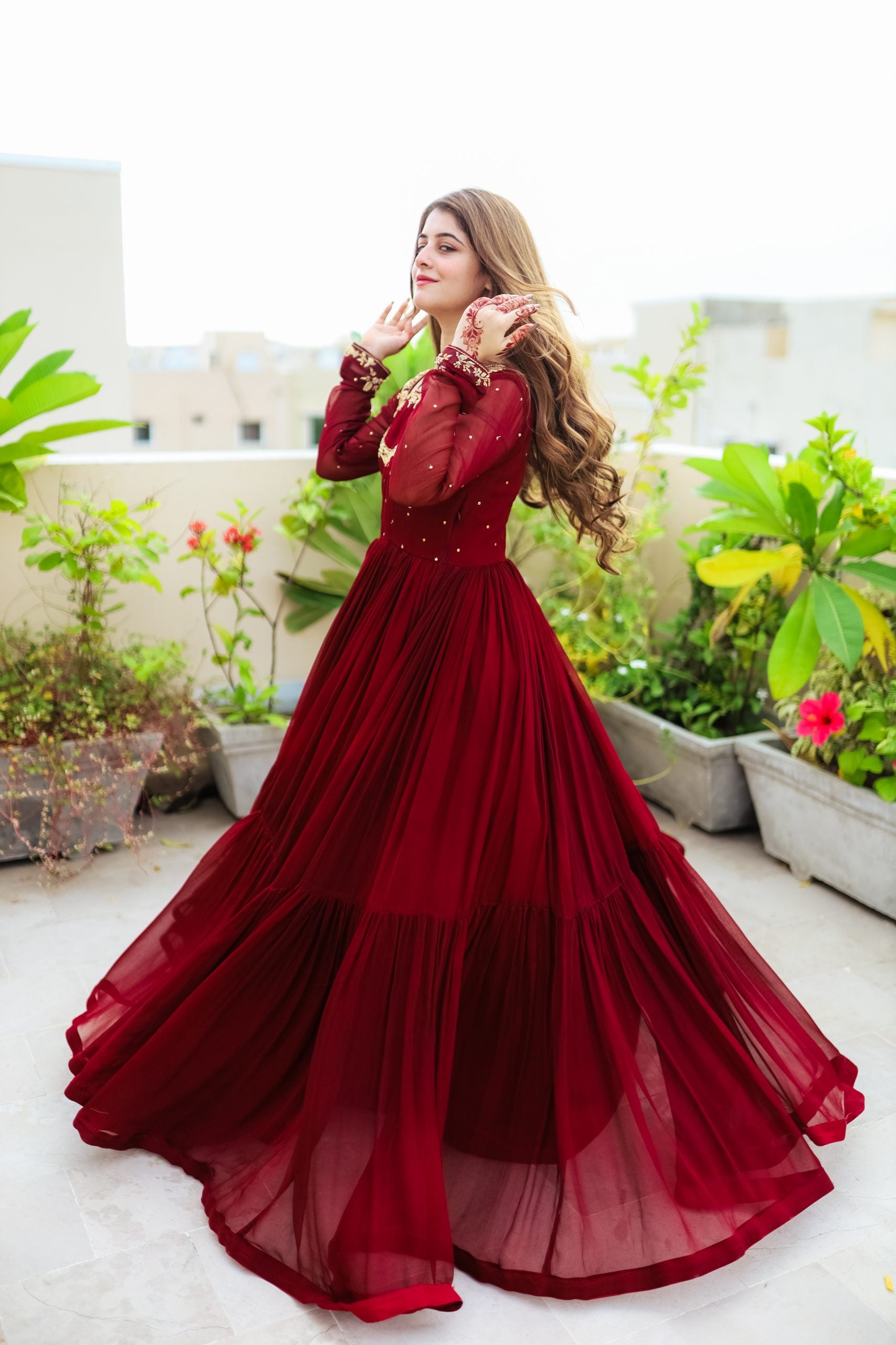 3pc Handwork Heavy Flare Maxi Maroon-Color