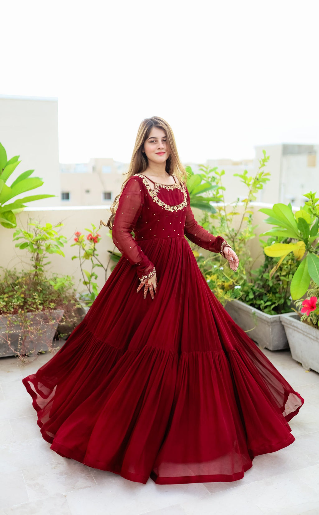 3pc Handwork Heavy Flare Maxi Maroon-Color